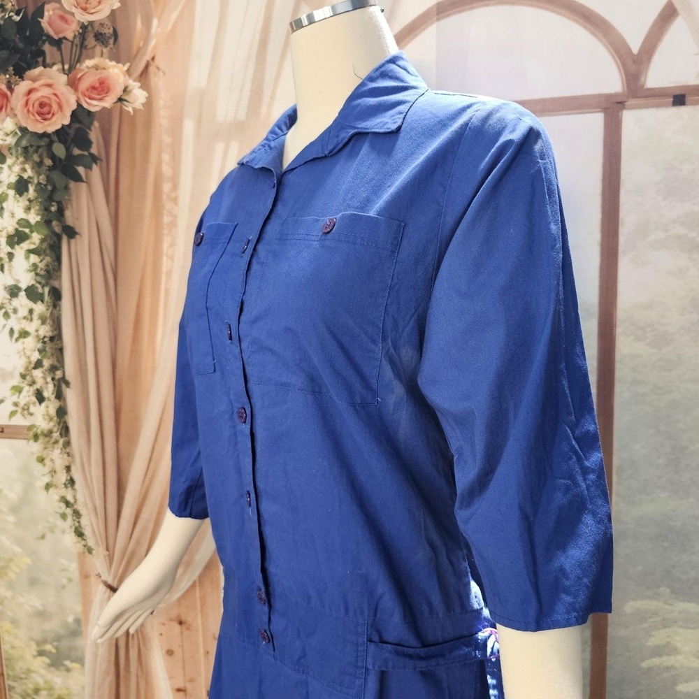 Vintage 1980s Dress Royal Blue Drop Waist Long Sleeve Button Down Collared - Picture 5 of 16